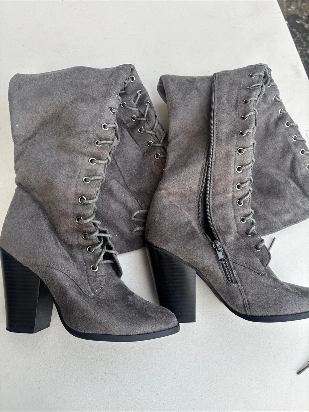 Gray Lace-Up Suede Mid-Calf Heeled Boots